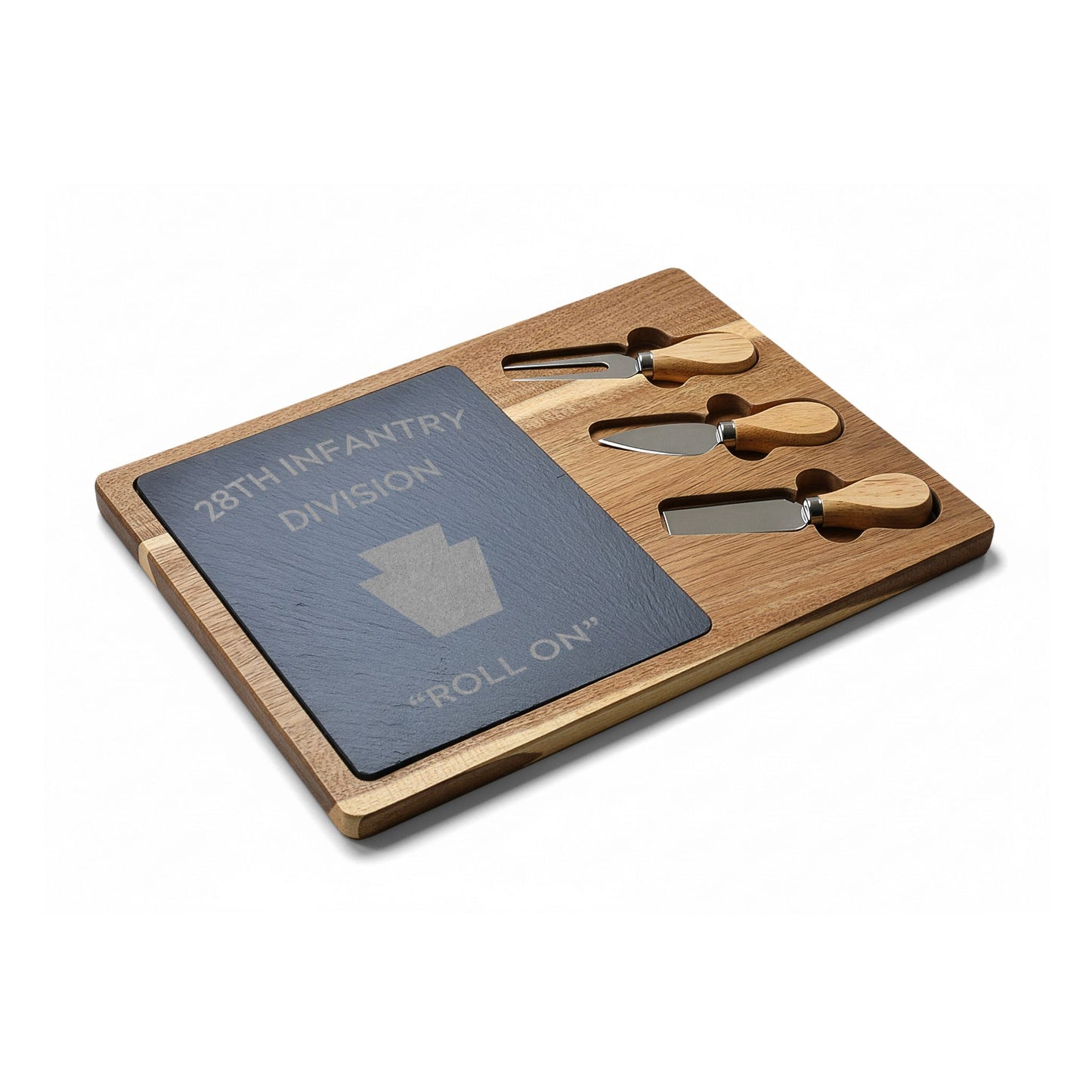 Engraved 28th ID Charcuterie Board — “Roll On” Slate Serving Set