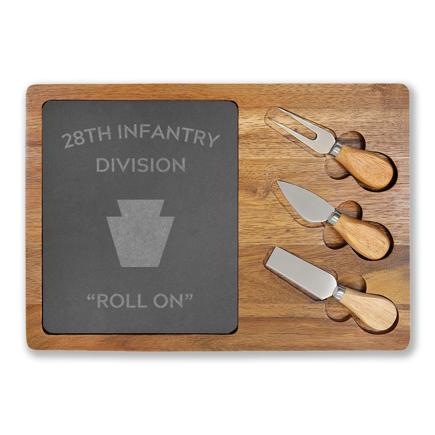 Engraved 28th ID Charcuterie Board — “Roll On” Slate Serving Set